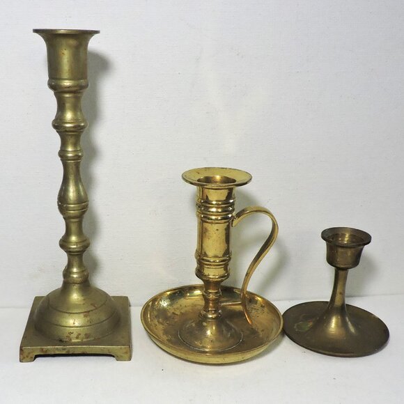 Set Of 3 Brass Candlesticks Various Designs Sizes Home Decor Accents - Picture 1 of 13